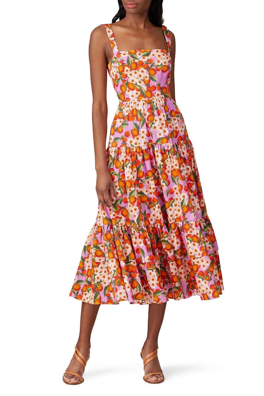 Borgo de Nor Sz 8 Daniela Citrus Fruit Print Pink Tiered Sleeveless Midi Dress